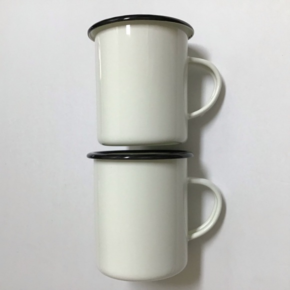 Hearth & Hand Enamelware PAIR Metal Mugs White Black Rim Farmhouse Camping RV - Picture 1 of 11